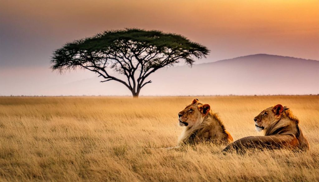A majestic lion prepares to roar in the middle of the African savannah