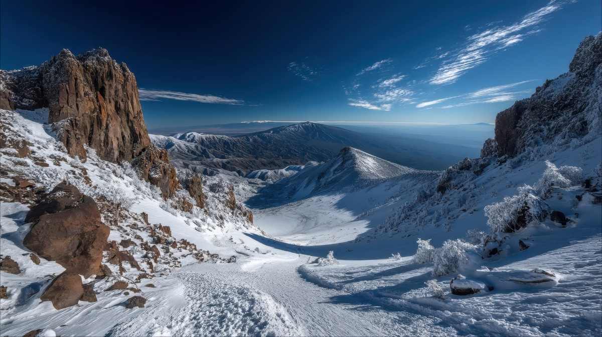 Snow covered mountain view in winter daylight