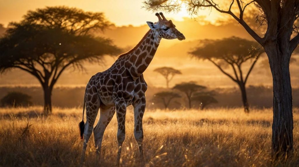 Majestic giraffe stands gracefully in golden savannah at sunset, surrounded by acacia trees