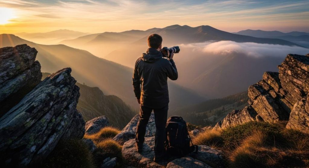 Man taking photos of mountains at sunset