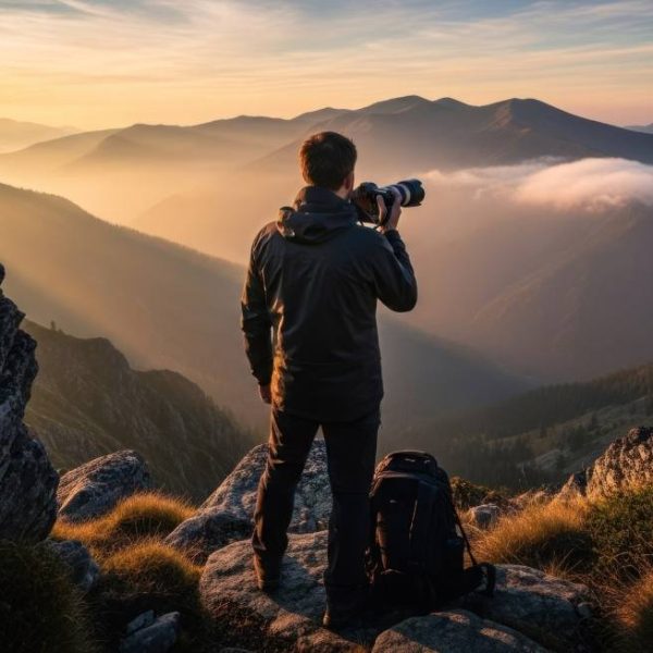 Man taking photos of mountains at sunset