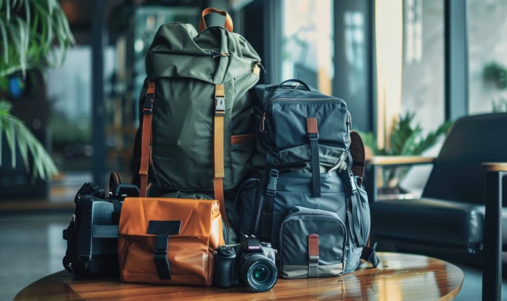 Backpack and camera on table. Travel and adventure concept