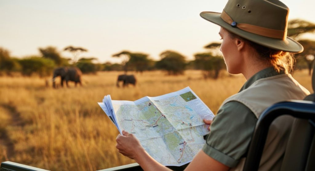 Woman on safari reads map while observing elephants in wild
