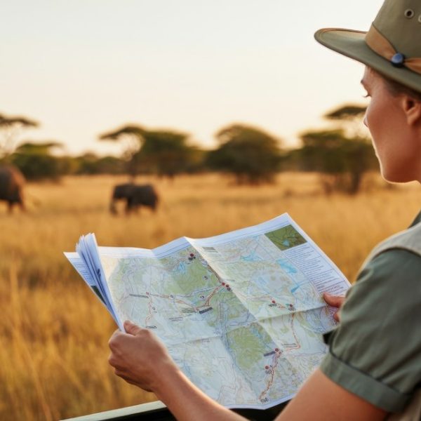 Woman on safari reads map while observing elephants in wild