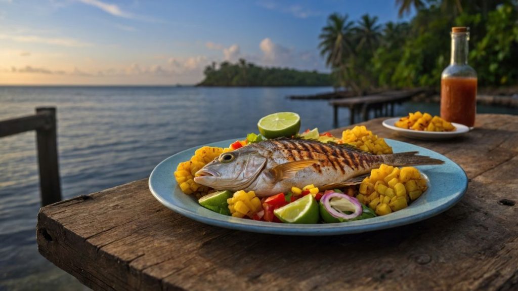 Freshly grilled fish served with vibrant vegetables and lime on a rustic wooden table by the beach at sunset