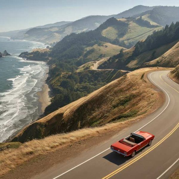 Red Convertible Car Driving Along Highway With Ocean View in Background