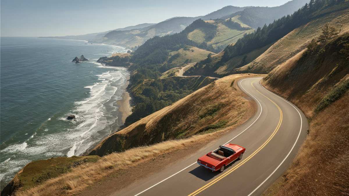 Red Convertible Car Driving Along Highway With Ocean View in Background