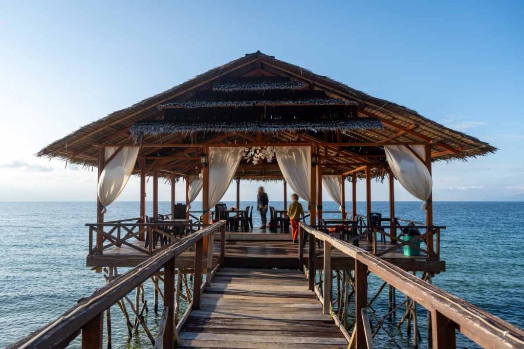 Wooden pier on Lake Poso in Tentena, Sulawesi, Indonesia