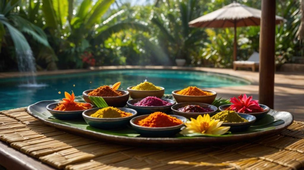 Vibrant assortment of spices displayed on a tray by a serene poolside in a tropical garden setting