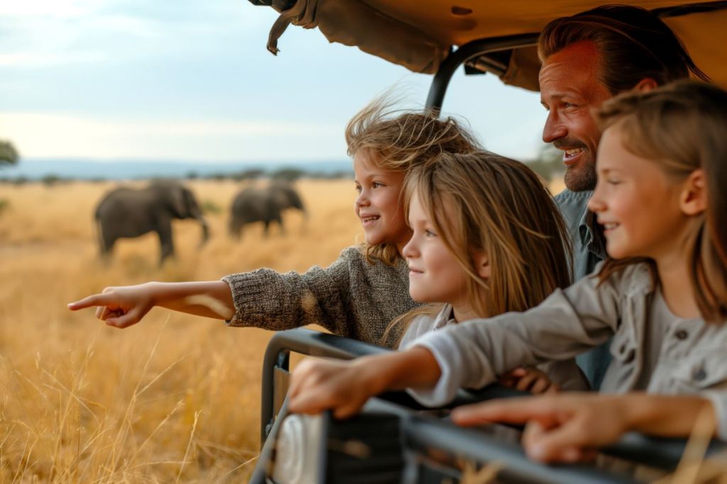A joyful father and his three daughters explore wildlife, pointing excitedly at elephants in the distance