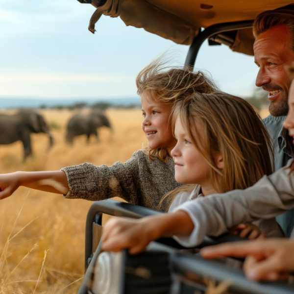 A joyful father and his three daughters explore wildlife, pointing excitedly at elephants in the distance