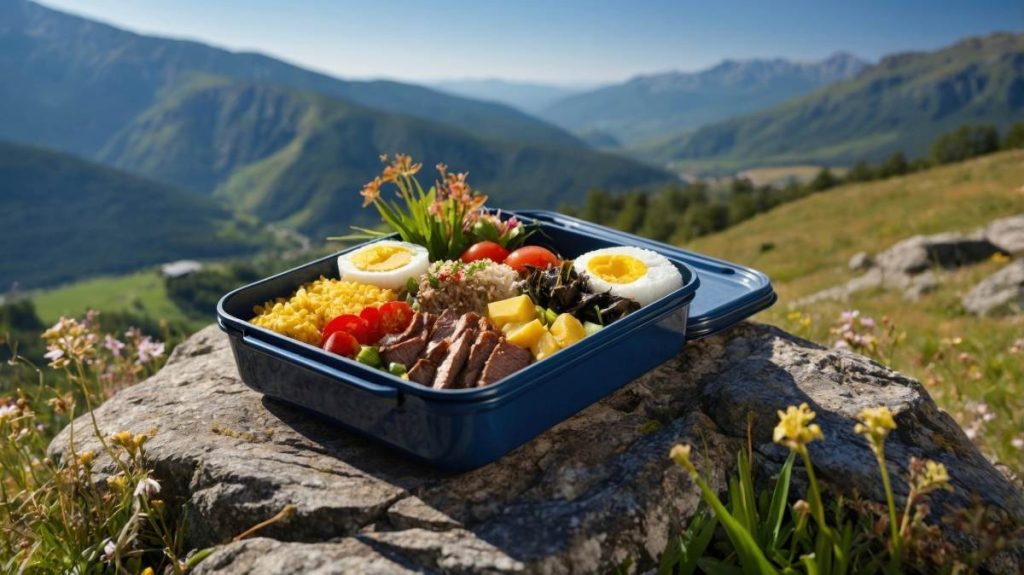 gourmet meal in a blue lunchbox against a stunning mountain backdrop