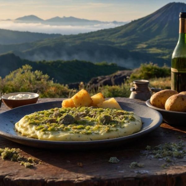 Scenic outdoor dining with a gourmet dish, wine, and potatoes against a majestic mountain backdrop