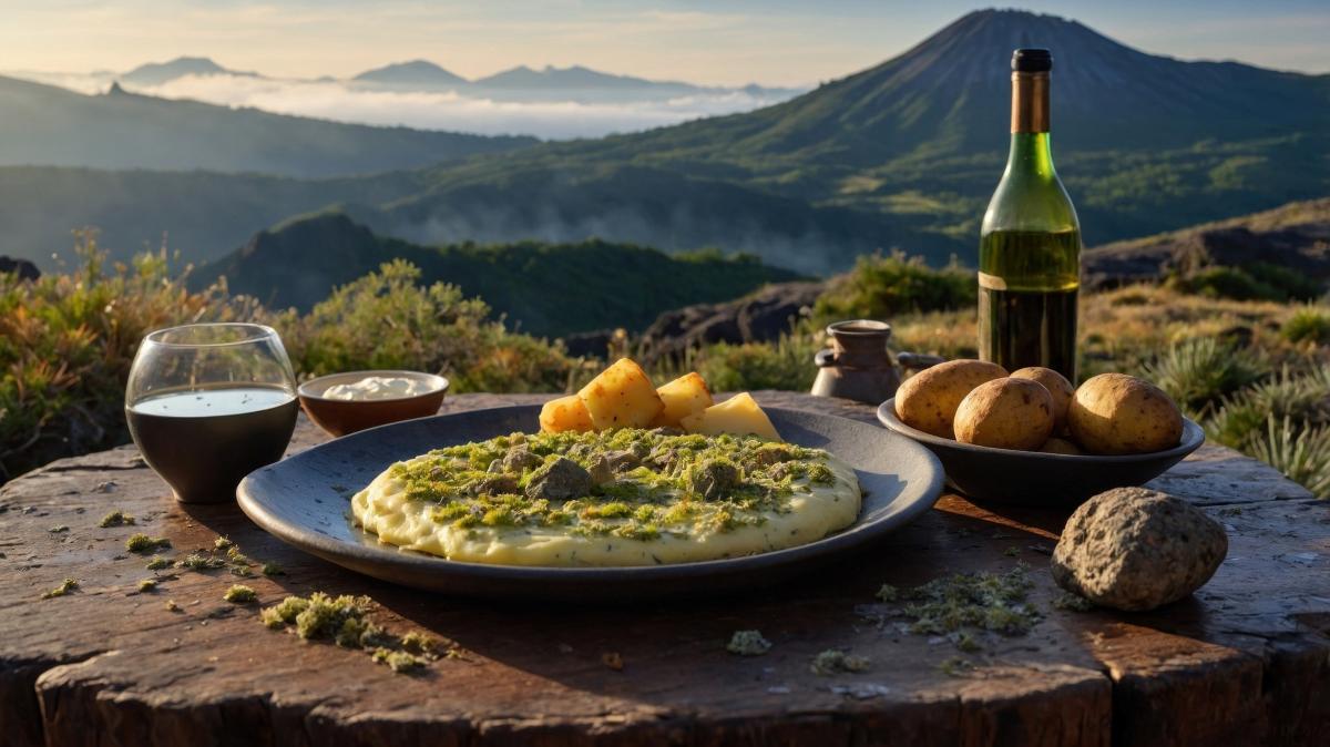Scenic outdoor dining with a gourmet dish, wine, and potatoes against a majestic mountain backdrop