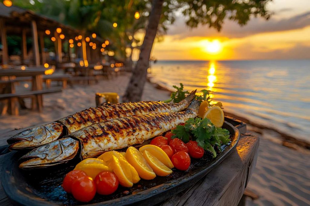 Tropical Beachside Grilled Seafood Feast at Sunset - Perfect for Summer Dining Posters