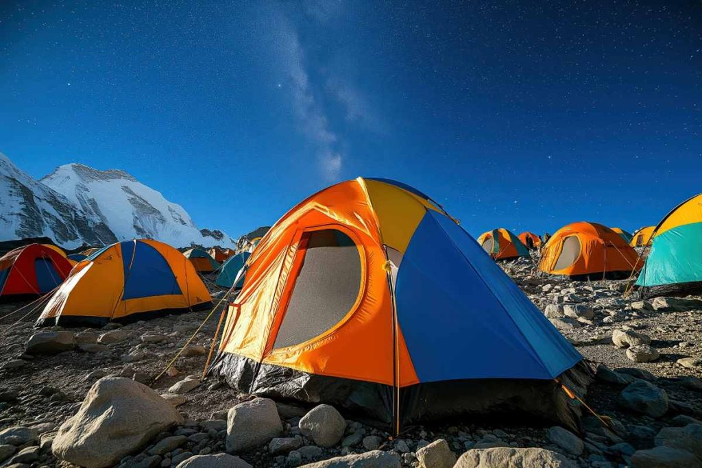 Colorful tents set against a starry sky in a mountain campsite during nighttime