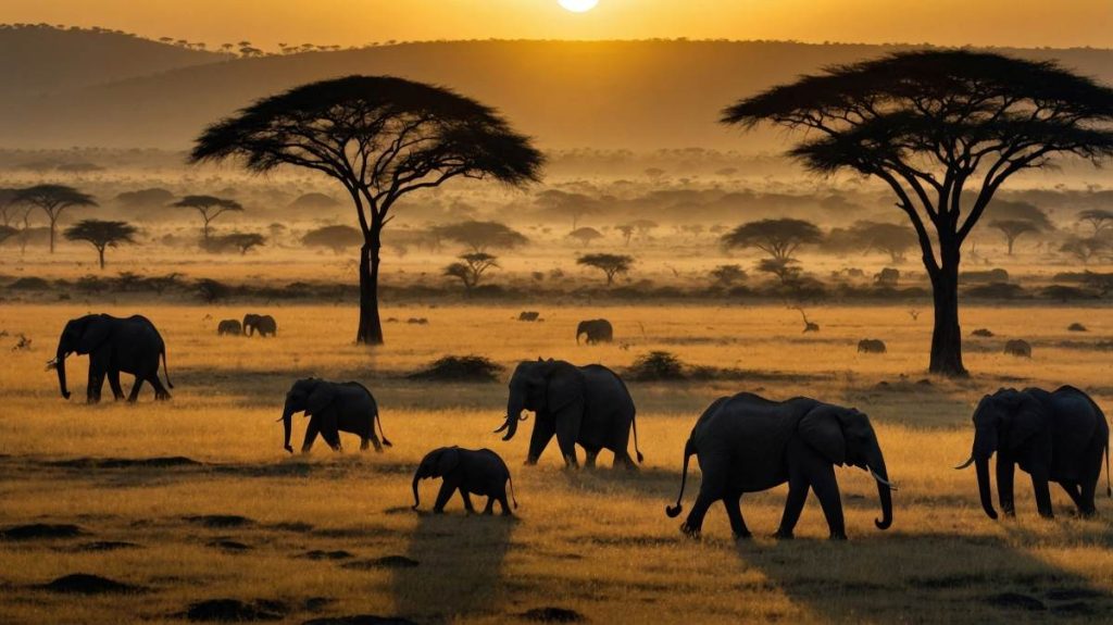 Elephants roaming in golden savannah at sunset, with acacia trees silhouetted in the background