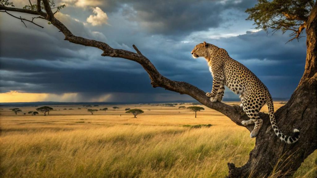 a leopard on a tree branch leopard on tree branch, savanna landscape