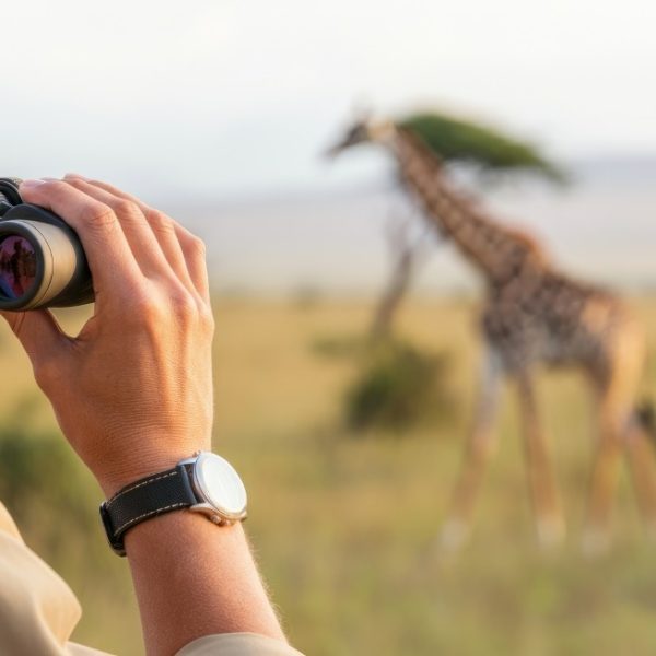 Person using binoculars to watch giraffe on safari