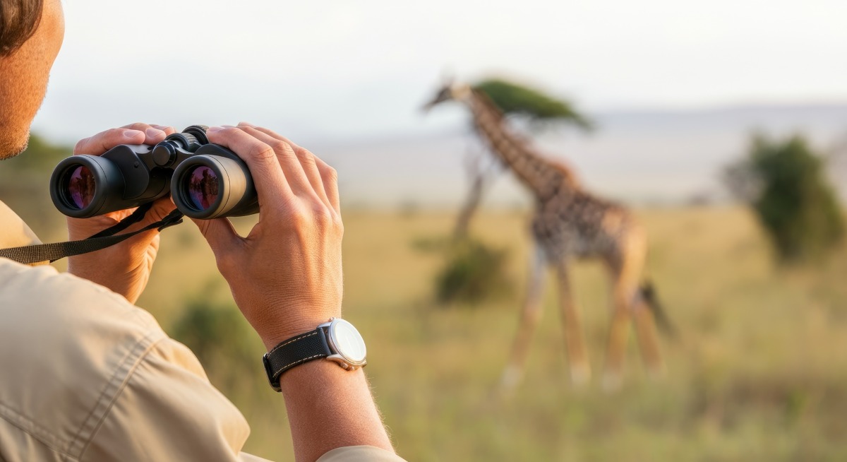 Person using binoculars to watch giraffe on safari