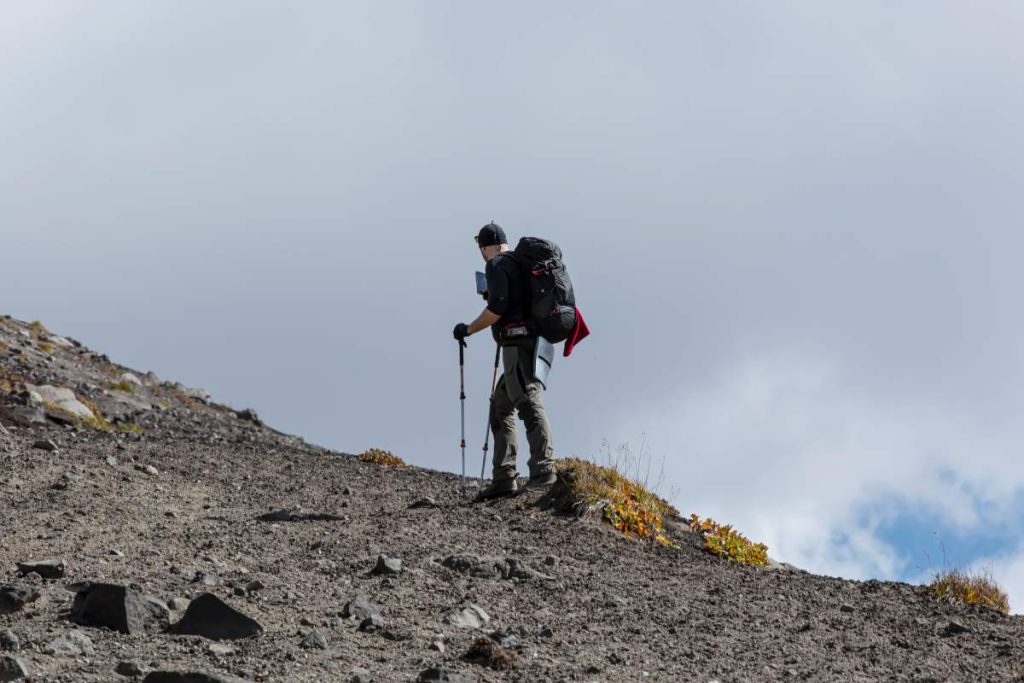 backpacker on the volcano and mountain