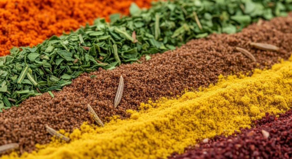 Close up macro view of colorful ground spices and dried herbs in diagonal lines