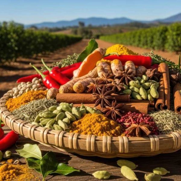 A basket filled with spices and herbs on a wooden table