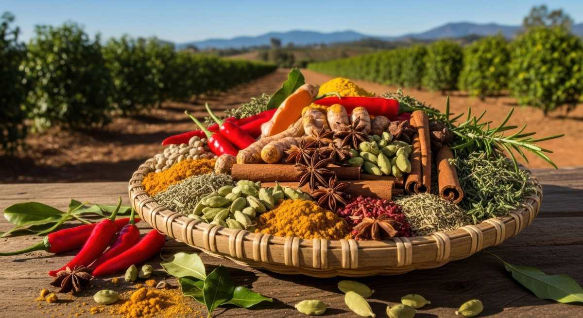 A basket filled with spices and herbs on a wooden table