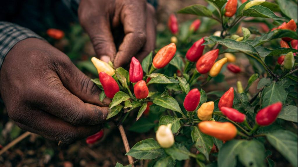 A close-up of a person carefully harvesting vibrant red and yellow chili peppers from a lush green plant