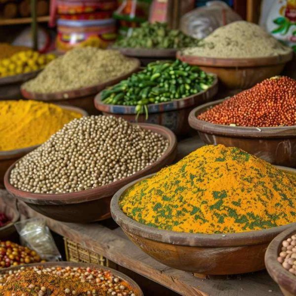 World Pulses Day. Various bowls filled with colorful spices beans and herbs are arranged in a market