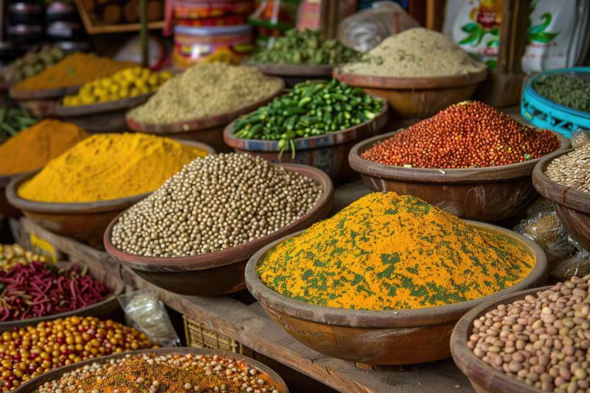 World Pulses Day. Various bowls filled with colorful spices beans and herbs are arranged in a market