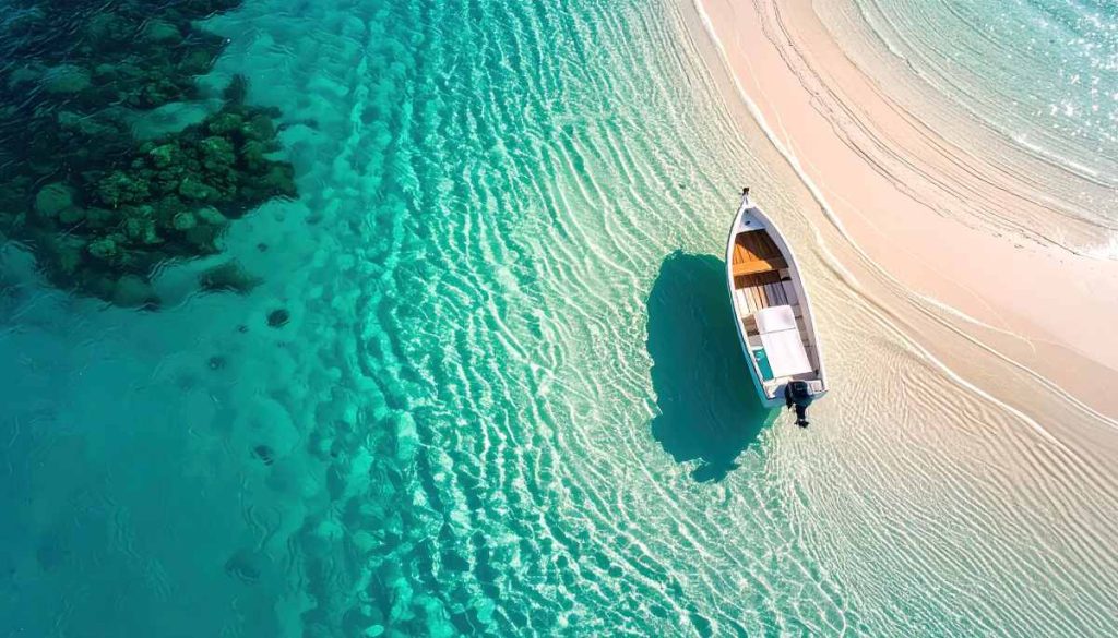 High-angle view of a tranquil turquoise lagoon with a small white motorboat nestled on a shallow, sandy beach
