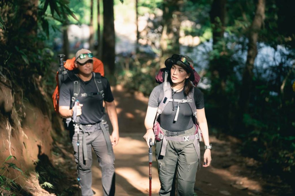 Two Adventurous Hikers Exploring Lush Green Forest Trail Surrounded by Nature and Sunlight During Outdoor Trekking Expedition