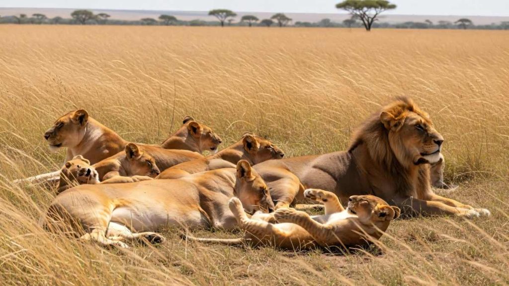 A group of lions laying in the grass