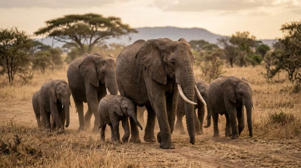 Majestic Herd of African Elephants with Calves Walking Across the Savanna Plains at Sunset