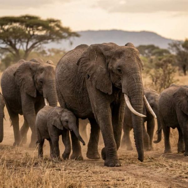 Majestic Herd of African Elephants with Calves Walking Across the Savanna Plains at Sunset