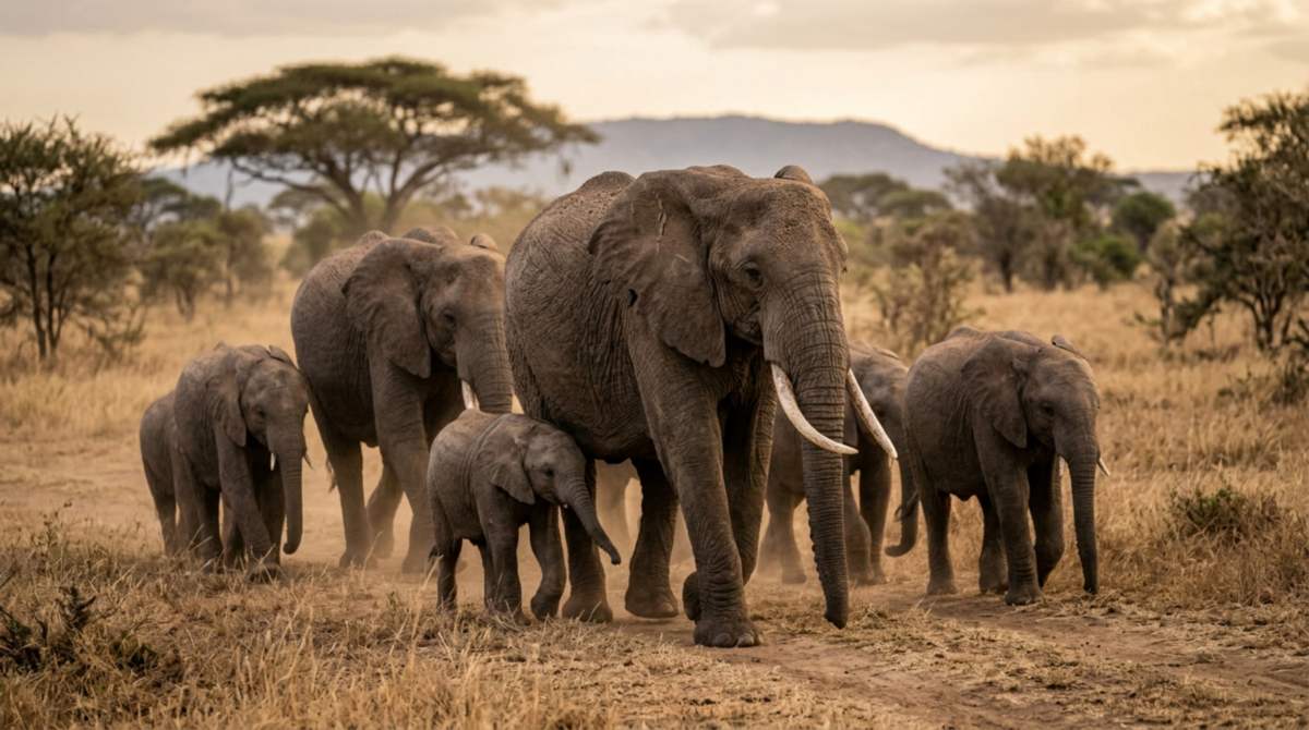 Majestic Herd of African Elephants with Calves Walking Across the Savanna Plains at Sunset